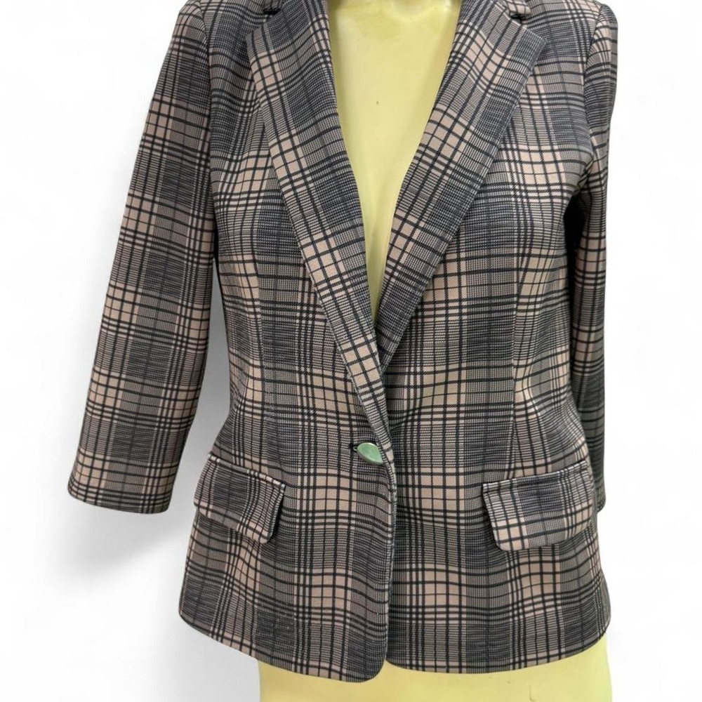 NYCC Black Brown Plaid 3/4 Sleeve Single Button Blazer Officewear Small